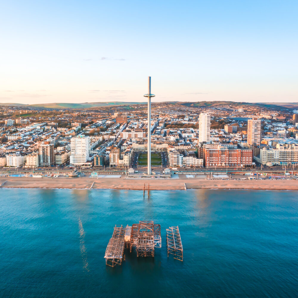 i360 and West Pier Brighton drone view sea
